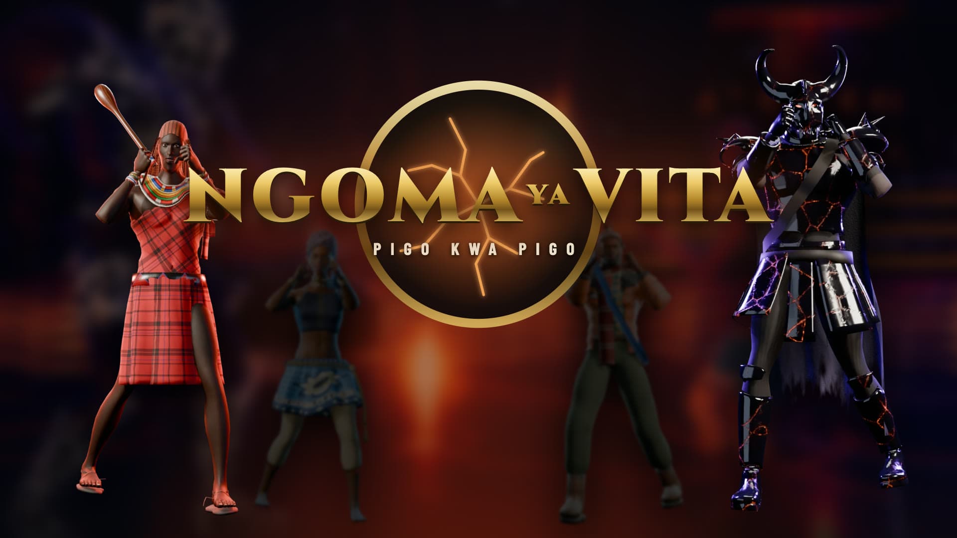 Lengai, a Maasai warrior raising his rungu, faces Giza, a horned warlord in obsidian armour with glowing lava seams, beneath the brass NGOMA YA VITA title and a cracked war drum