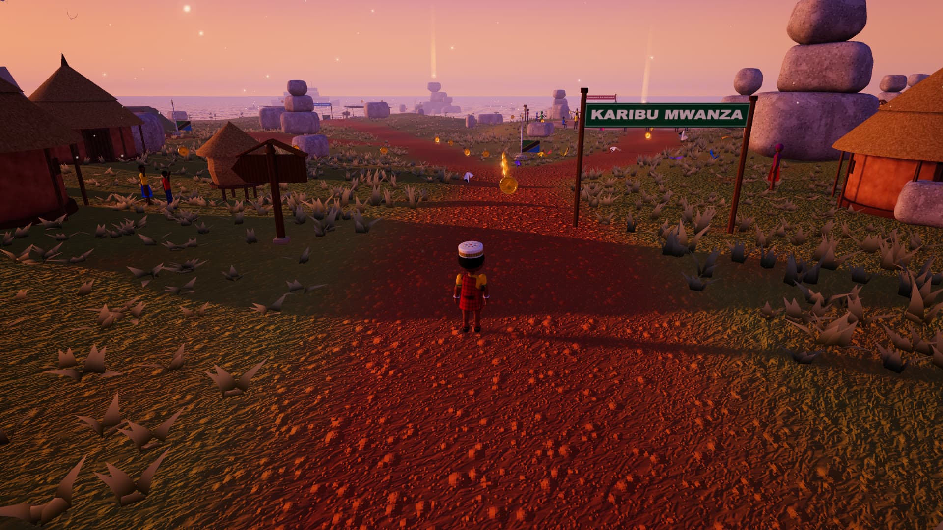 Juma on a red dirt path into Mwanza at dusk, under a Karibu Mwanza sign, with balanced granite boulders, Sukuma round houses and Lake Victoria behind