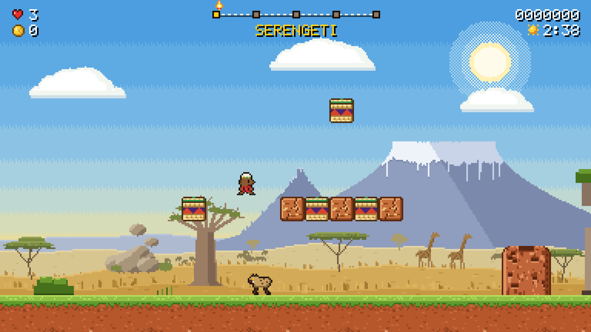 Pixel-art Juma leaping over a hyena on the Serengeti, with Kilimanjaro, giraffes and a baobab behind