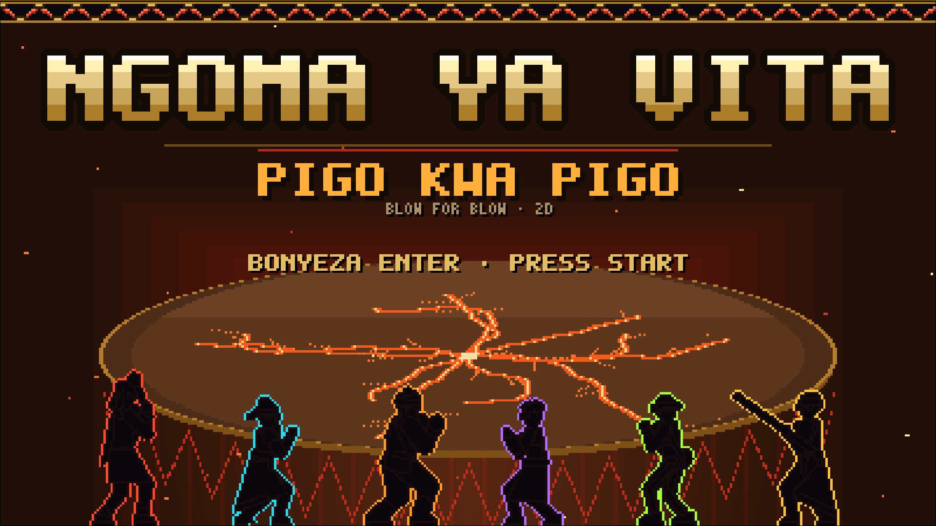 Pixel-art title screen: NGOMA YA VITA in gold above a great war drum cracked with light, six fighters in coloured silhouette